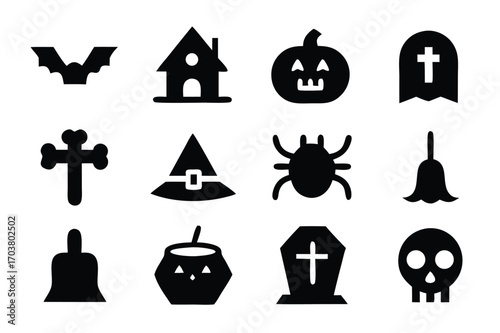 Collection of Halloween icons set silhouette vector art illustration.