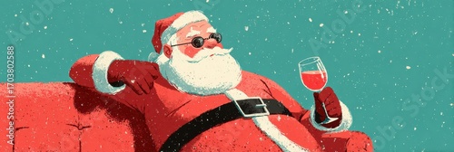 Santa Claus relaxing on a couch with a drink during a snowy holiday season