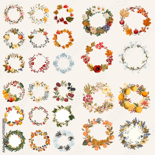 Beautiful floral wreath illustrations with seasonal fruits, leaves, and flowers. Perfect for invitations, decorative borders, and holiday design projects.