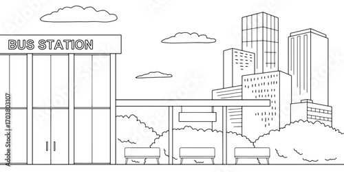 Bus station building graphic black white city street landscape sketch illustration vector 