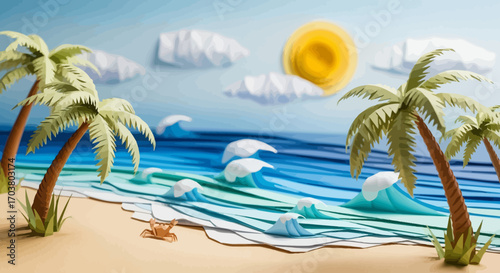 Tropical palm trees on a sunny beach by the ocean with clear sky and sandy coast