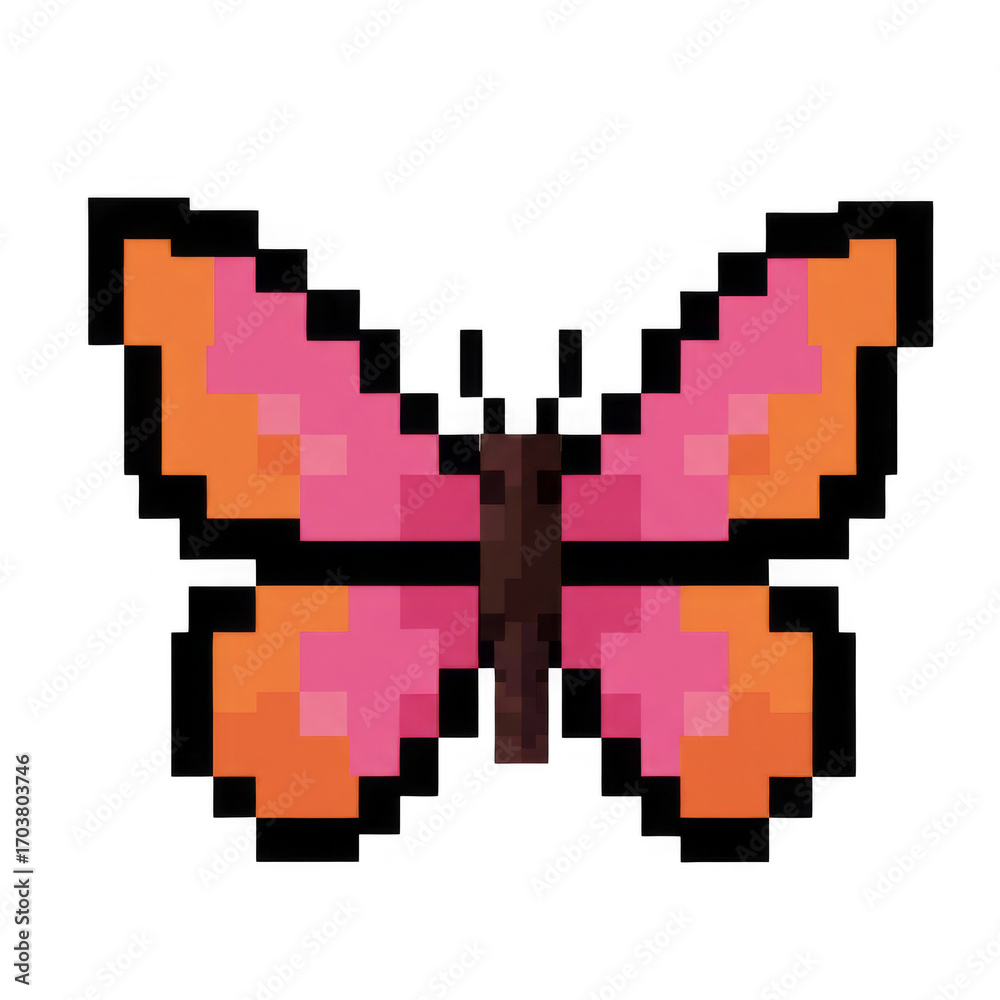 Obraz premium Pixelated Butterfly Illustration with Pink and Orange Wings on Transparent Background