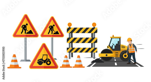 Under construction warning sign with yellow caution road icon and construction equipment illustration