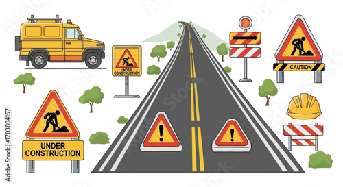 Road closed warning sign on highway illustration