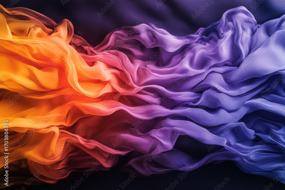 Obraz premium Flowing fabric with vibrant orange and purple hues creates dynamic and elegant visual effect, showcasing smooth texture and graceful movement in high contrast setting