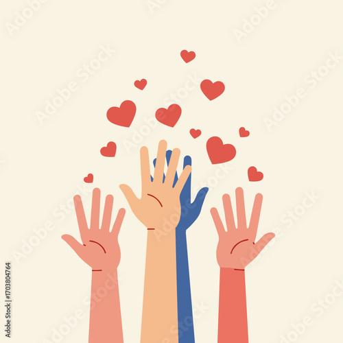 Raised hands with hearts convey love, support, and unity in a diverse community of people.