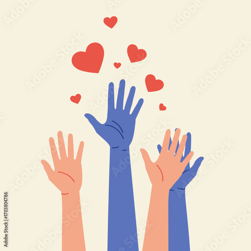 Raised hands of different colors with hearts, symbol of love, support, and diversity.