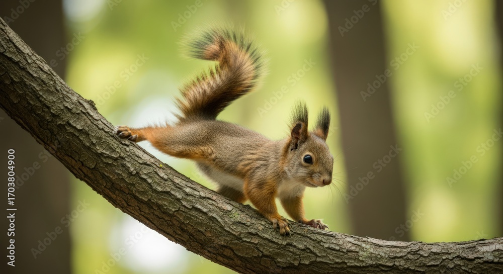 Fototapeta premium A nimble red squirrel with a fluffy tail balances on a thick tree branch in a sunlit forest.