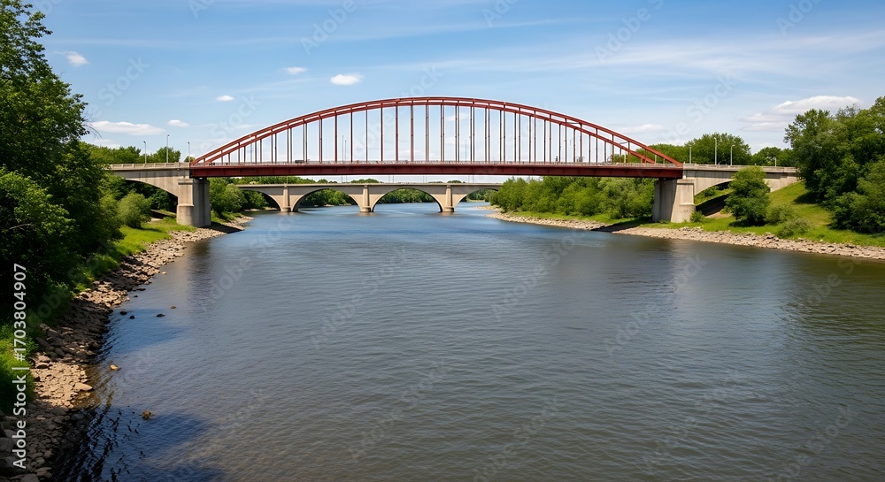 Naklejka premium Red Arch Bridge Spanning a Wide River on a Sunny Day.