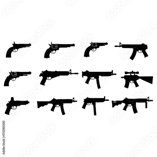 Collection of diverse firearm silhouettes for graphic design.