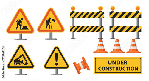An isolated yellow diamond road sign with a black backhoe symbol warns of danger and hazard for a traffic safety concept