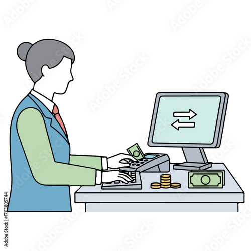 Bank Teller Processing Transactions at a Counter with Computer and Money.