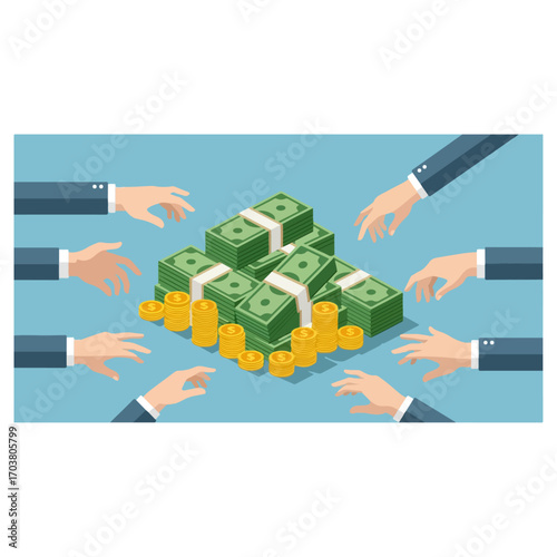 Business Hands Reaching for a Large Pile of Cash and Coins.