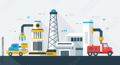 Industrial factory vector illustration with city skyline silhouette and urban construction design elements