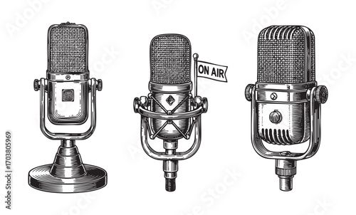 vector set of vintage podcast microphone