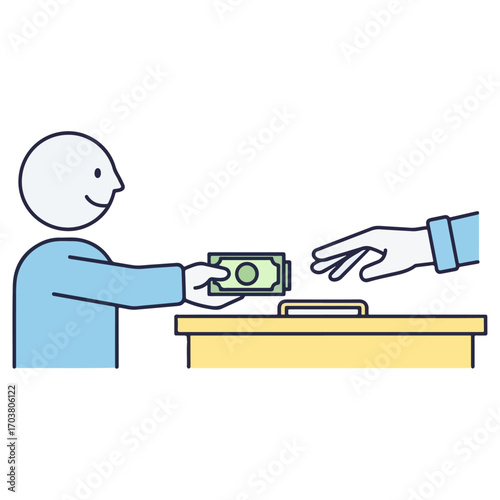 Person giving money to another person across a counter.