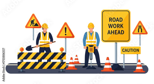Under construction warning sign with cones and barriers on a yellow road background