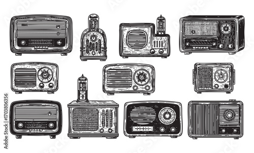  vintage woodcut engraving vector set of vintage radio