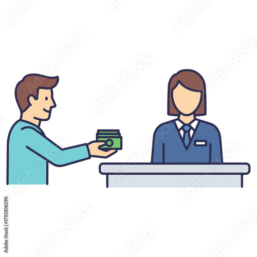 Man giving money to a bank teller at a counter.