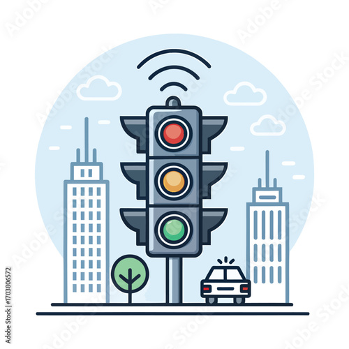 Traffic Light in City: A stylized illustration of a traffic light stands tall in a modern cityscape. The traffic light, with its red, yellow, and green lights.