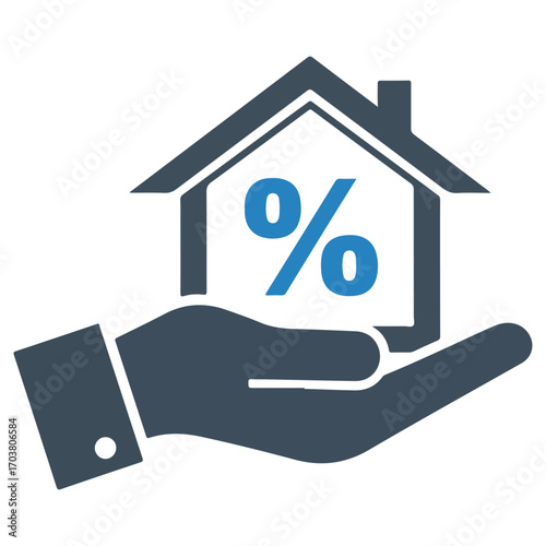 Hand holding house with percentage sign, representing mortgage or real estate loan.