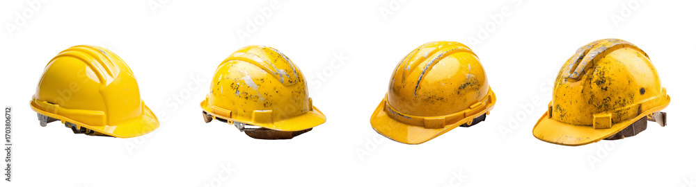 Fototapeta premium Diverse Collection of Yellow Construction Hard Hats, Pristine to Worn, Isolated PNG Set with Transparent Background
