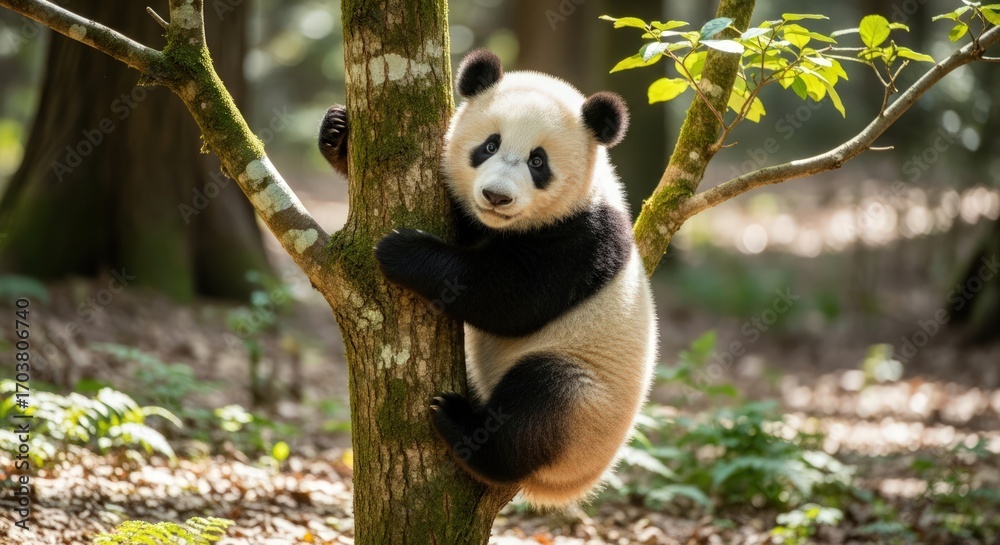 Obraz premium A charming giant panda clings to a tree trunk, gazing directly at the viewer with a curious expression.