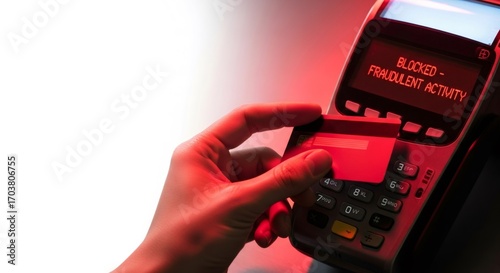 Woman attempts to use a credit card on a payment terminal displaying 