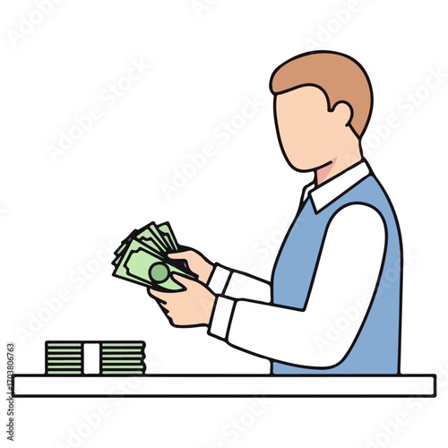 Man counting money bills and stacks of cash on table.