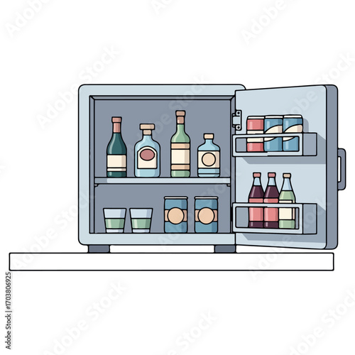 Mini Bar Refrigerator with Drinks and Bottles.