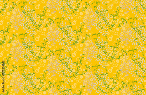 Seamless vector pattern of leaves, circles and spots for textiles, postcards, websites, presentations.