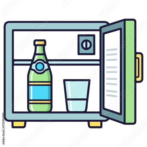 Open mini fridge with a bottle and glass icon.