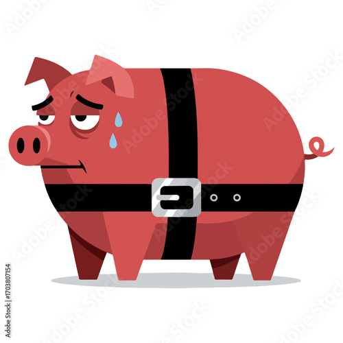 Sad Piggy Bank with Tight Belt - Financial Strain Illustration.