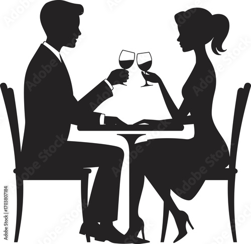 Romantic couple silhouette having dinner, man and woman drinking wine at table, love date night vector illustration for Valentine's Day design