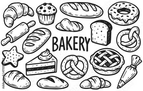 Hand drawn bakery doodle collection with bread, croissant, donut, pie, cake, pretzel, muffin, isolated on transparent background, generative ai