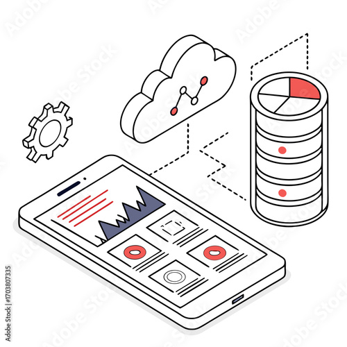 Isometric illustration of a smartphone displaying charts and icons connected to a cloud and database server representing data analysis and cloud computing services