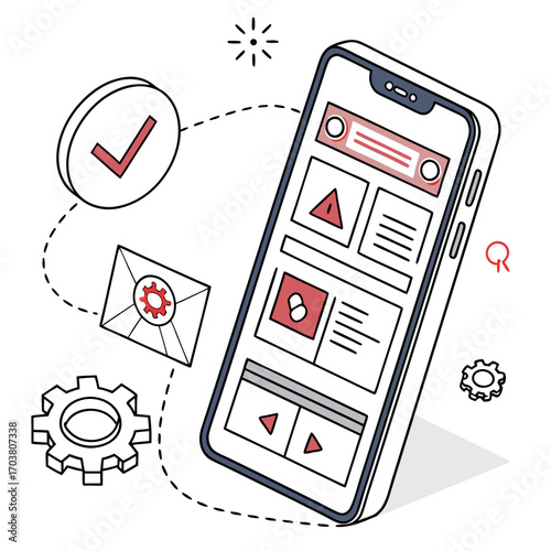 Modern mobile phone interface design with isometric elements showing a checkmark notification email and gears representing technology and digital communication processes