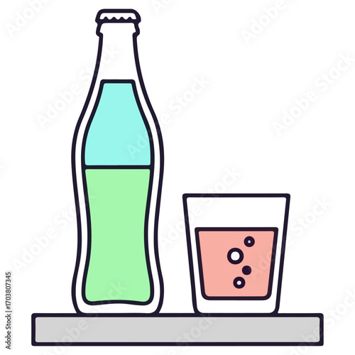 Refreshing beverage bottle and glass of pink drink on a shelf.