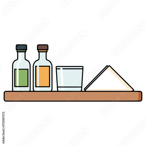 Two bottles of alcohol and a glass on a shelf.