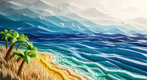 Green waves crash on a summer beach with sunlight reflecting off the calm blue sea and vast sky