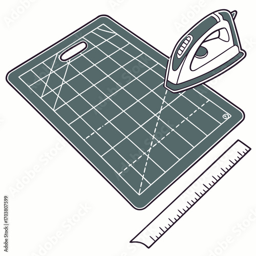 A sewing iron rests on a gridded cutting mat next to a ruler illustrating essential tools for fabric crafting and quilting projects