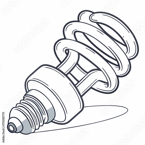 A black and white line drawing illustration of a compact fluorescent light bulb with a screw base casting a subtle shadow on a white background symbolizing energy saving ideas and innovation