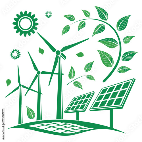 Green energy concept with wind turbines and solar panels integrated with natural elements like leaves and branches symbolizing sustainability and environmental protection