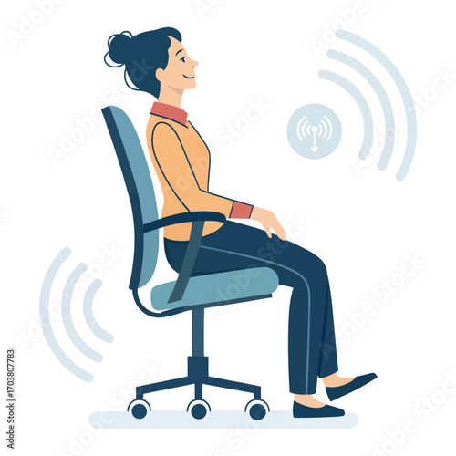 Woman in Office Chair: A modern illustration of a woman comfortably seated in an office chair, exuding serenity and focus with a wireless signal hovering nearby.