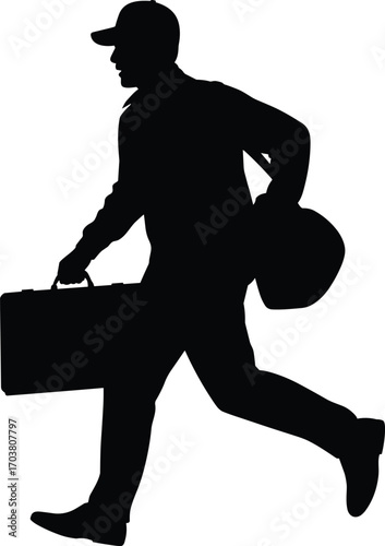 Silhouette of a courier running with a briefcase and bag, vector illustration for delivery service, logistics, business, and urgent parcel concept