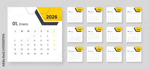 2026 Spanish language Calendar Planner Set. Vector layout of a wall or desk simple calendar.