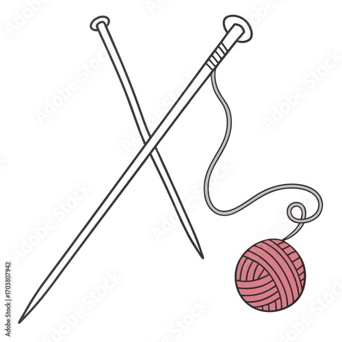 Simple line art illustration of two crossed knitting needles with a ball of pink yarn attached by a grey thread on a white background