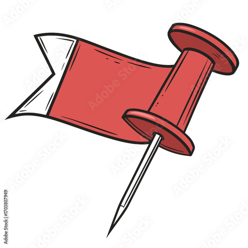 A red thumbtack with a blank flag attached is depicted in a simple clean illustration style ready for customization and use in various design projects