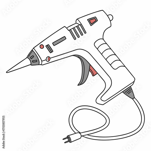 A simple line drawing illustration of a white hot glue gun with red and gray accents featuring a coiled power cord and plug on a white background perfect for crafting and diy projects