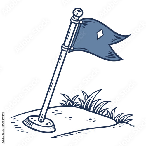 A simple cartoon illustration of a blue flag on a golf course marking the hole with a diamond shape on the flag and grass around the pin